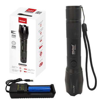 Latarka ręczna LED akumulatorowa 200lm ZOOM USB Dioled