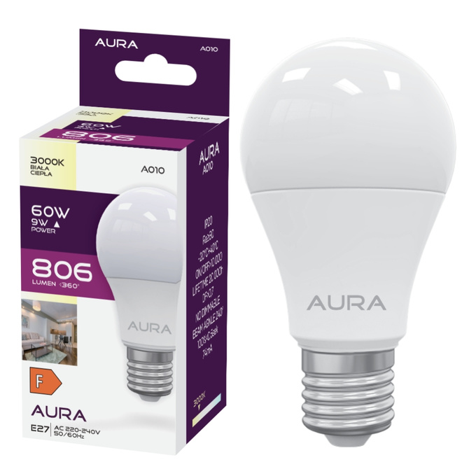 Żarówka LED A60 E27 9W 3000K 806lm barwa ciepła A010 Aura