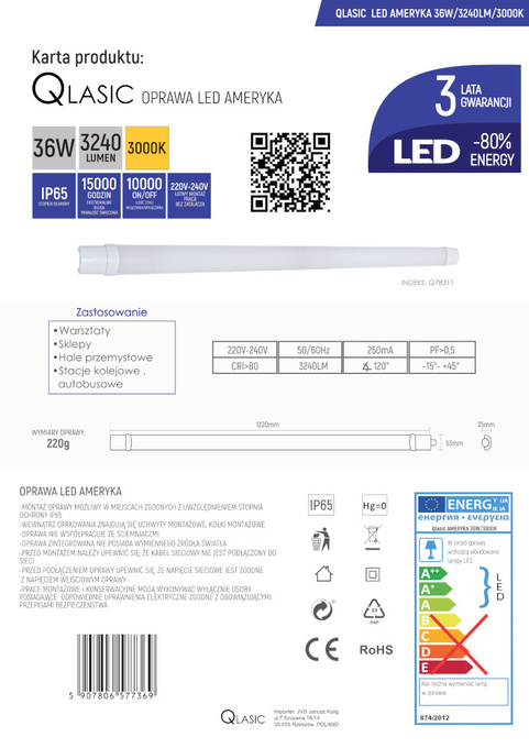Oprawa liniowa lampa LED AMERYKA 36W 3000K 3240lm 120cm IP65 Qlasic