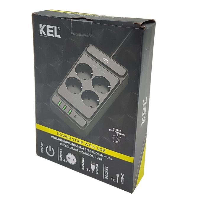 Przedłużacz 4 gniazda z uziemieniem + włącznik 2m 3xUSB-A 1xUSB-C W-00355 Plastrol