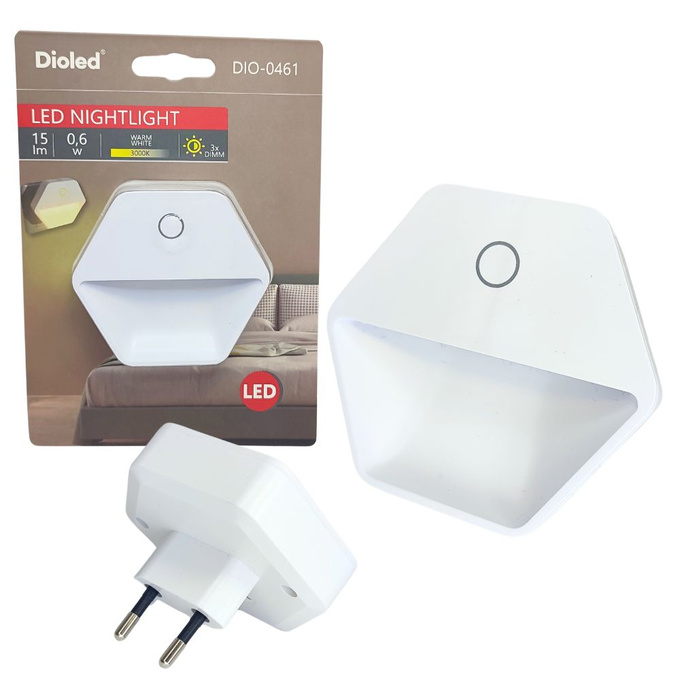 Lampka nocna LED 0,6W 3000K do kontaktu HEKSAGON 3 pozimy jasności DIO-0461 Dioled