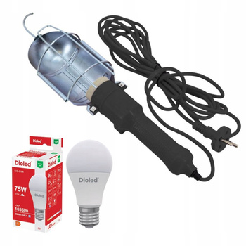 Lampa warsztatowa 1xE27 czarna kabel 6m hak + żarówka 11W 6500K