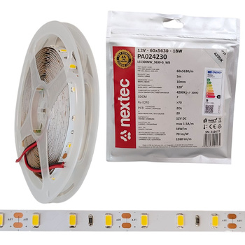 Taśma LED 12V 5m 18W/m 1260lm/m 4200K barwa neutralna IP20 10mm Nextec