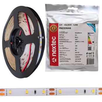 Taśma LED 12V 5m 4,8W/m 552lm/m 6200K barwa zimna IP63 Nextec