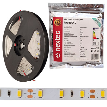 Taśma LED 12V 5m 4,8W/m 384lm/m 6200K barwa zimna IP20 Nextec