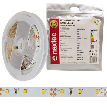 Taśma LED 12V 5m 12W/m 840lm/m 3000K barwa ciepła IP20 10mm Nextec