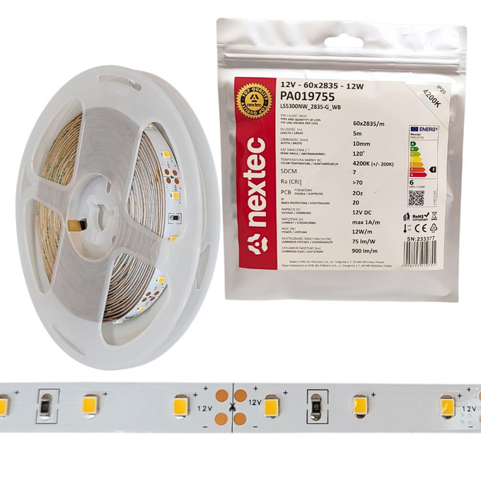 Taśma LED 12V 5m 12W/m 900lm/m 4200K barwa neutralna IP20 10mm Nextec