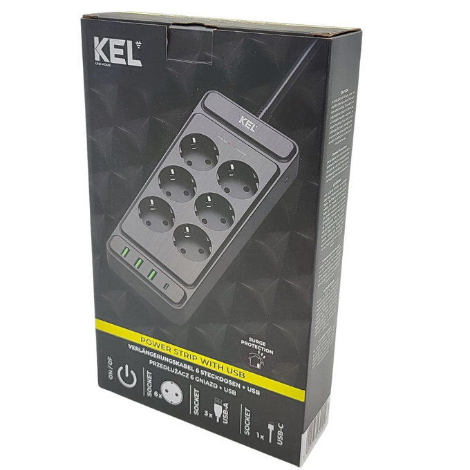 Przedłużacz 6 gniazd z uziemieniem + włącznik 2m 3xUSB-A 1xUSB-C W-00354 Plastrol
