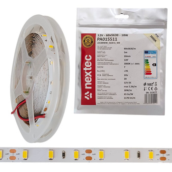 Taśma LED 12V 5m 18W/m 1170lm/m 3000K barwa ciepła IP20 10mm Nextec