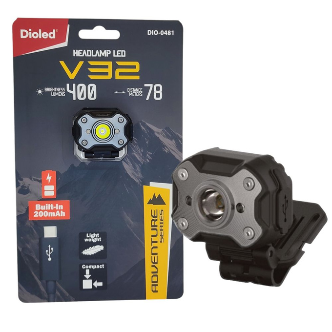 Latarka czołowa LED akumulatorowa 7W 400lm USB-C SILVER V32 ADVENTURE Dioled