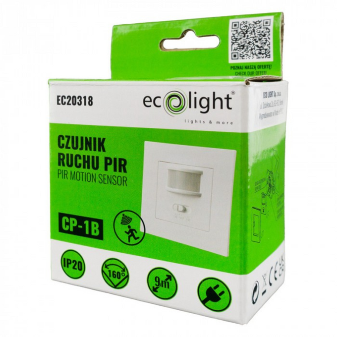 Czujnik ruchu PIR IP20 9m 160° biały podtynkowy do puszki ECOLIGHT