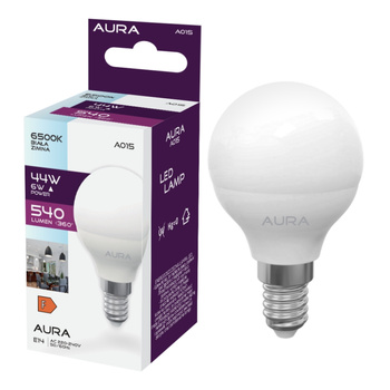 Żarówka LED G45 E14 6W 6500K 540lm KULKA barwa zimna A015 Aura