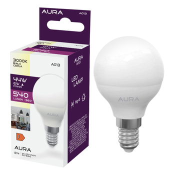 Żarówka LED G45 E14 6W 3000K 540lm KULKA barwa ciepła A013 Aura