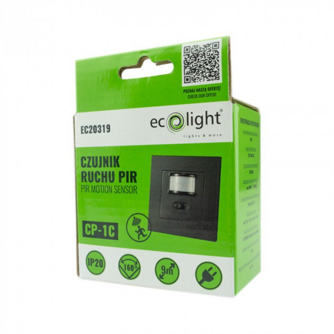 Czujnik ruchu PIR IP20 9m 160° czarny podtynkowy do puszki Ecolight