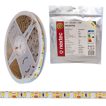 Taśma LED 12V 5m 9,6W/m 672lm/m 3000K barwa ciepła IP63 Nextec