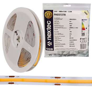 Taśma LED COB 24V 5m 11W/m 1045lm/m 3000K barwa ciepła IP20 NEXTEC