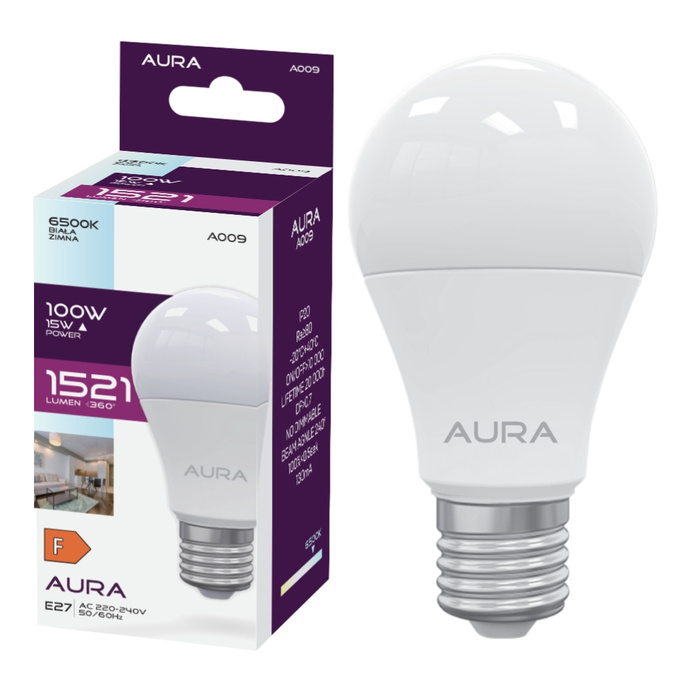 Żarówka LED A60 E27 15W 6500K 1521lm barwa zimna A009 Aura