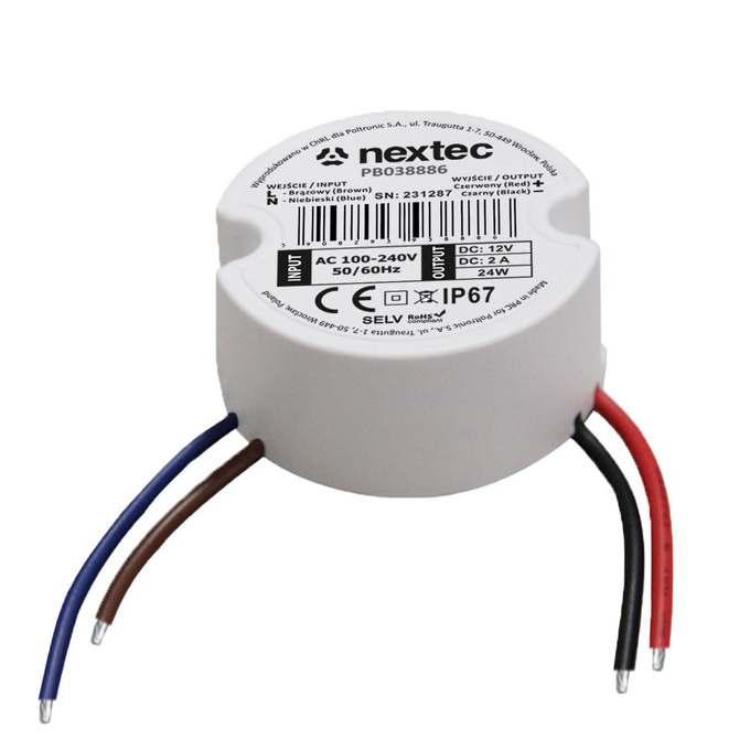 Zasilacz LED 12V  24W 2A IP67 DO PUSZKI Nextec