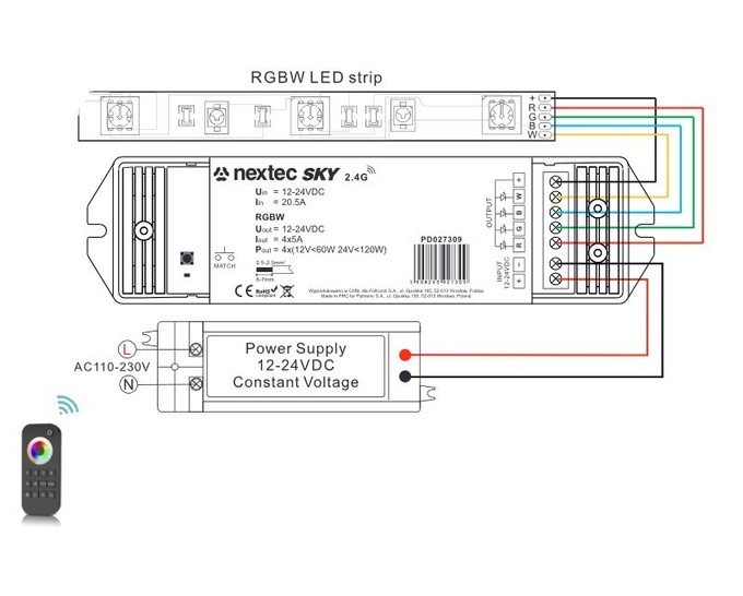 Sterownik do taśm LED 12-24V RGBW 2,4GHz Nextec