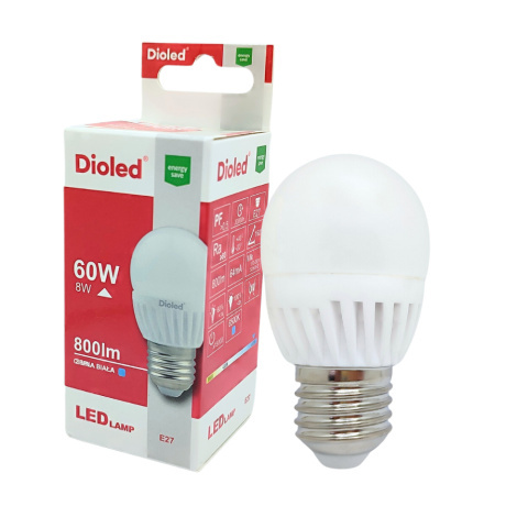 Żarówka LED kulka E27 8W 6500K 800lm barwa zimna ceramiczna  Dioled