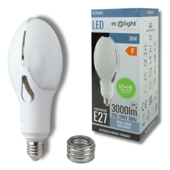 Żarówka uliczna LED E27->E40 30W 6000K 3000lm Ecolight