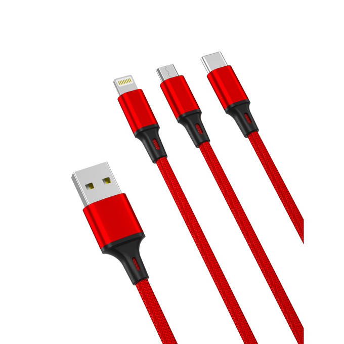 Kabel USB 3w1 USB do microUSB, USB-C, Lightning 1m 2.1A czerwony NB173 XO