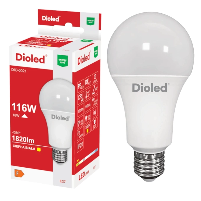 Żarówka LED E27 18W 3000K 1820lm barwa ciepła Dioled