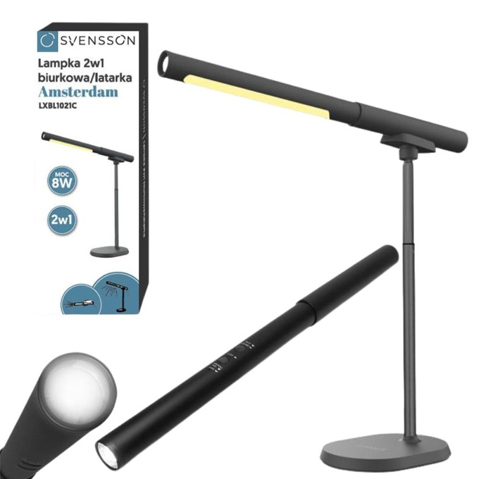 Lampka biurkowa LED 8W 2W1 latarka AMSTERDAM czarna SVENSSO