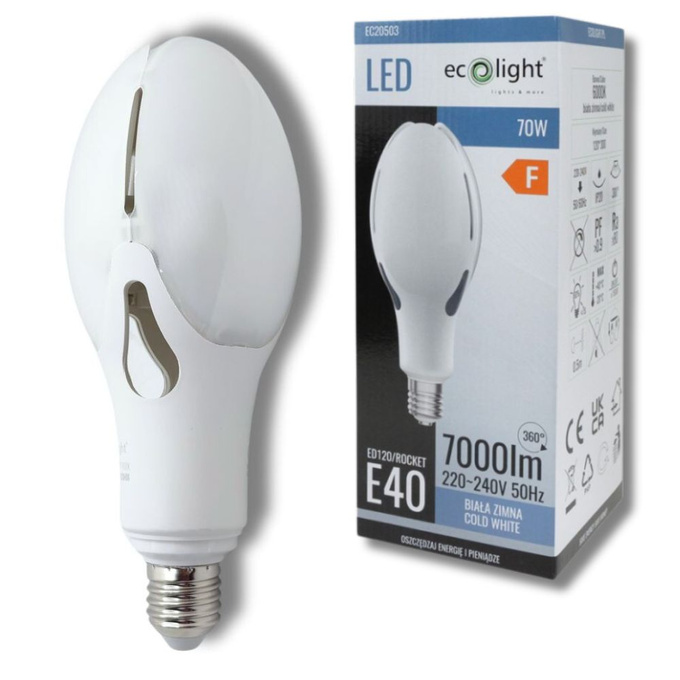 Żarówka uliczna LED E40 70W 6000K 7000lm Ecolight