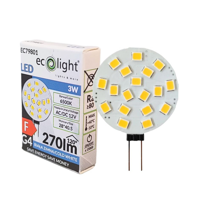 Żarówka LED 12V G4 3W 6500K 270lm barwa zimna kolista Ecolight