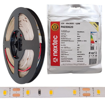 Taśma LED 12V 5m 4,8W/m 552lm/m 3000K barwa ciepła IP63 Nextec