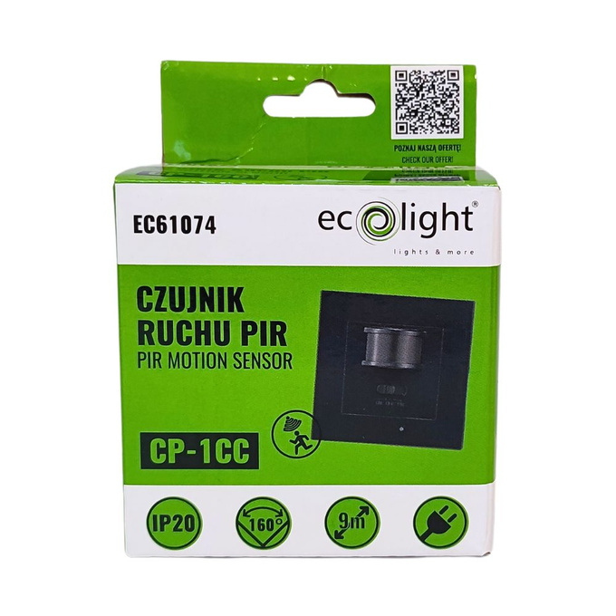 Czujnik ruchu PIR IP20 9M czarny do puszki ECOLIGHT