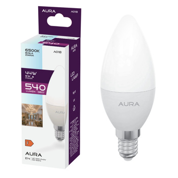 Żarówka LED C37 E14 6W 6500K 540lm ŚWIECZKA barwa zimna A018 Aura