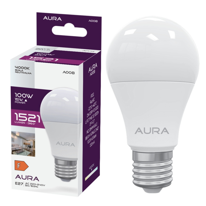 Żarówka LED A60 E27 15W 4000K 1521lm barwa neutralna A008 Aura