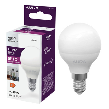 Żarówka LED G45 E14 6W 4000K 540lm KULKA barwa neutralna A014 Aura