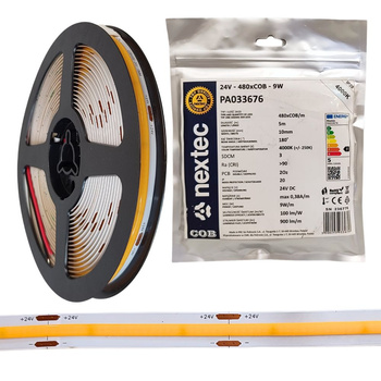 Taśma LED COB 24V 5m 9W/m 900lm/m 4000K barwa neutralna IP20 10mm Nextec