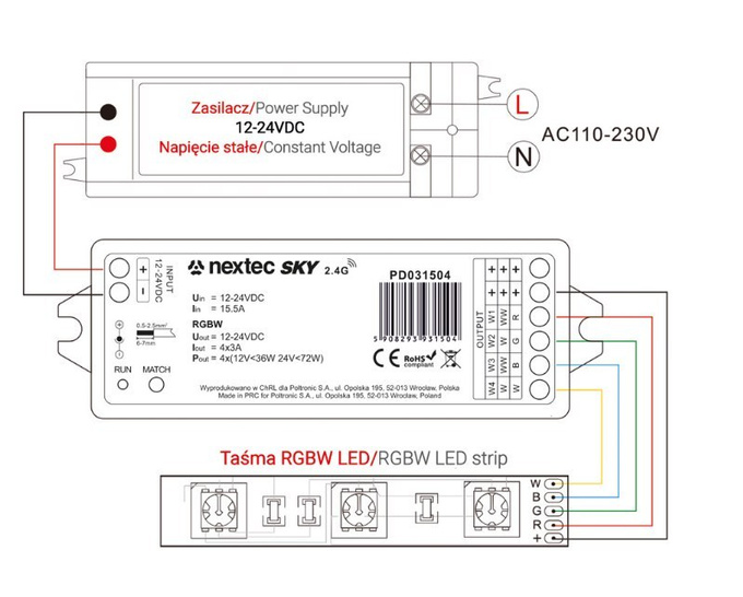 Zestaw sterownik+pilot do taśm LED RGBW 12-24V 2,4GHz Nextec