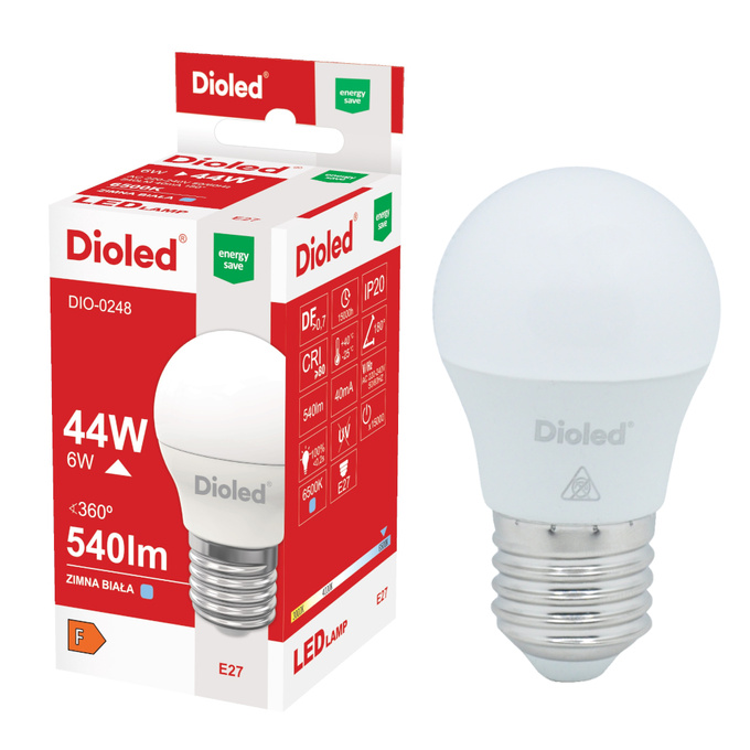Żarówka LED kulka E27 6W 6500K 540lm barwa zimna Dioled