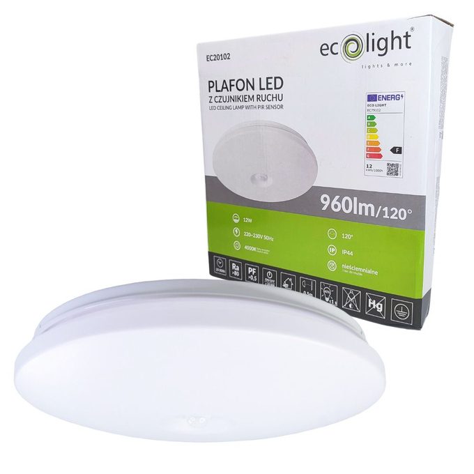 Plafon LED 12W 4000K 960lm IP44 z czujnikiem ruchu lampa sufitowa Ecolight