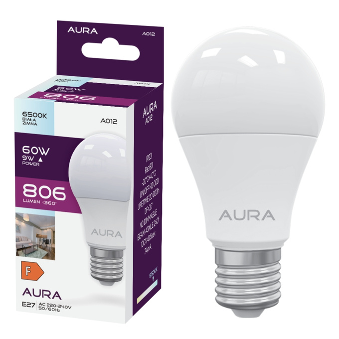 Żarówka LED A60 E27 9W 6500K 806lm barwa zimna A012 Aura