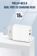 Ładowarka sieciowa biała USB-C + USB QC 3.0 + kabel USB-C Lightning XO