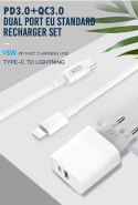 Ładowarka sieciowa biała USB-C + USB QC 3.0 + kabel USB-C Lightning XO