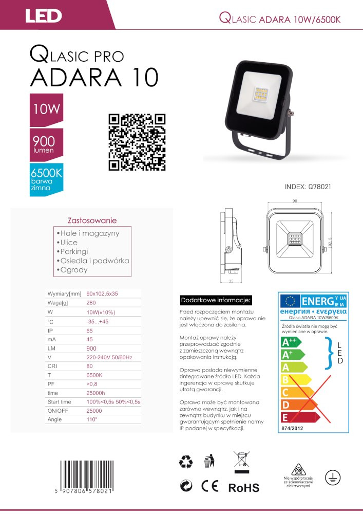 Naświetlacz halogen LED ADARA 10W zimny 900lm IP65