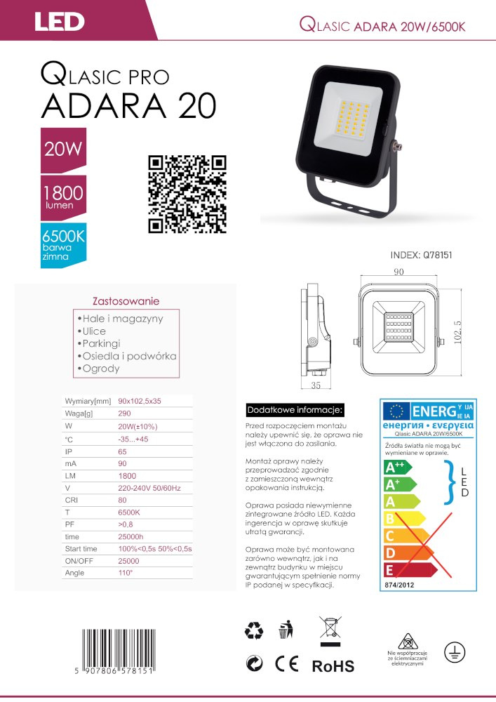 Naświetlacz halogen LED ADARA 20W zimny 1800lm IP65