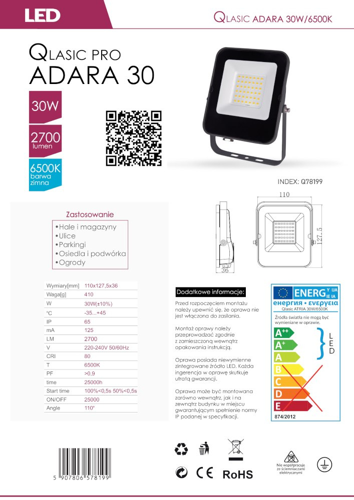 Naświetlacz halogen LED ADARA 30W zimny 2700lm IP65