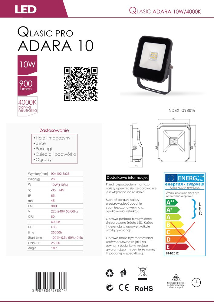 Naświetlacz halogen LED ADARA 10W neutralny 900lm IP65