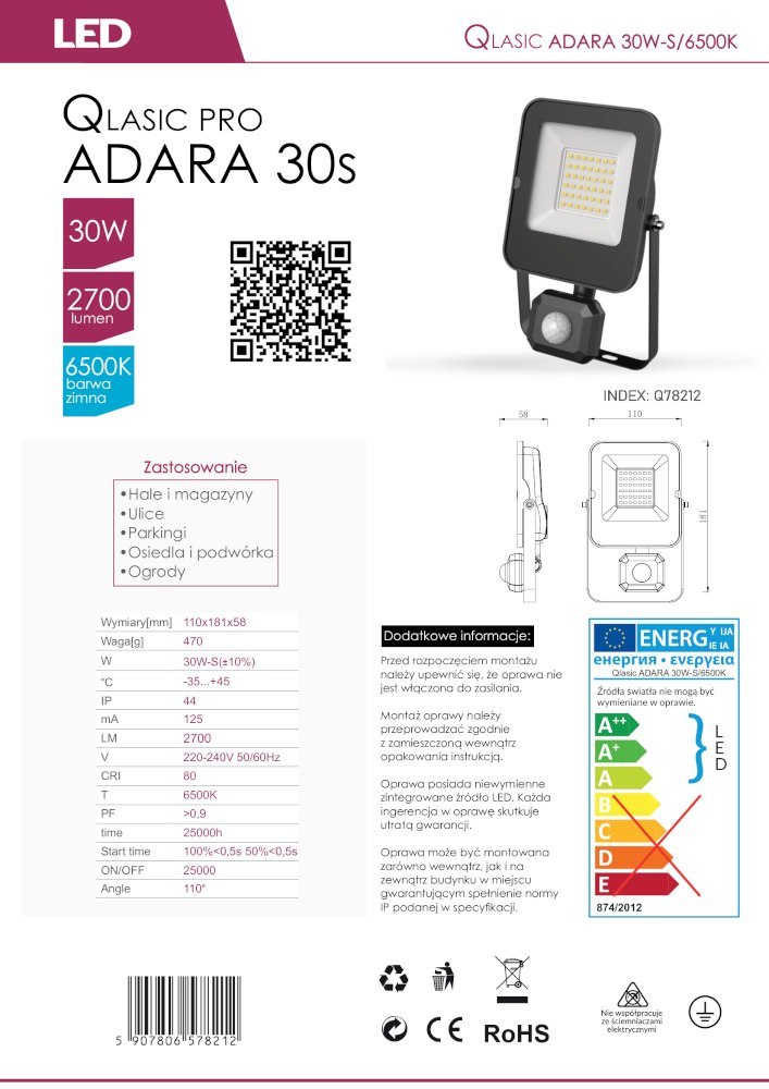Naświetlacz halogen LED ADARA 30W z czujnikiem ruchu zimny