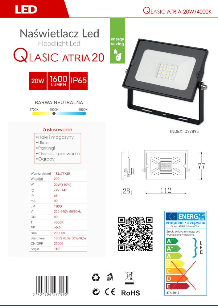 Naświetlacz LED ATRIA 20W neutralny 1600lm IP65 QLASIC