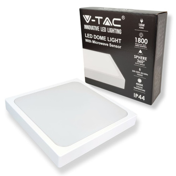 Plafon LED 18W 4000K 1800lm IP44 z czujnikiem ruchu kwadratowy biały V-TAC