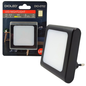 Lampka nocna do gniazdka LED 10lm ciepła czujnik zmierzchu DIM CZARNA Dioled